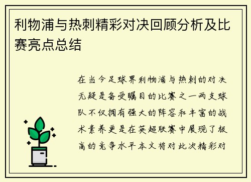 利物浦与热刺精彩对决回顾分析及比赛亮点总结